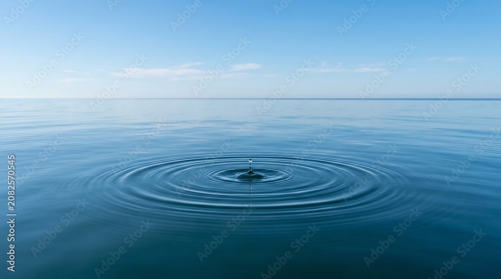 Fototapeta premium Single water drop falling onto a calm blue ocean surface creating perfect concentric ripples under a clear sky