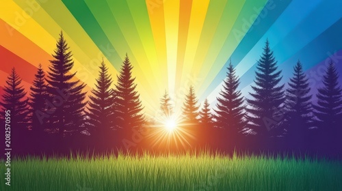 Vibrant sunrise over silhouetted pine trees and mountains with a grassy foreground