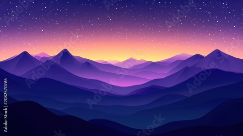 Vivid purple and pink mountain ranges under a dazzling starry night sky