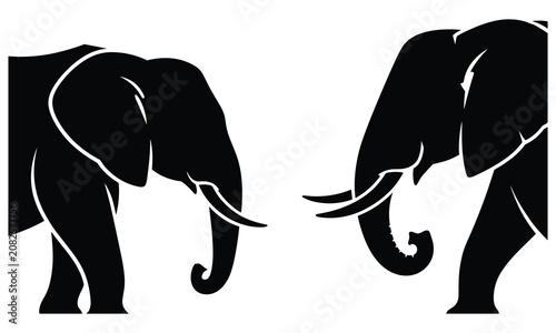 Two majestic black elephant silhouettes facing each other in a minimalist artistic style featuring clean lines and bold vector shapes