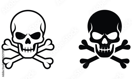 Two distinct skull and crossbones icons featuring bold black and white graphic lines isolated on a clean white digital background