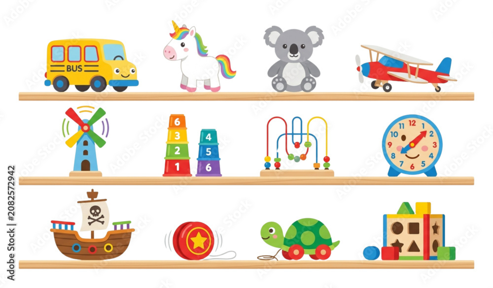 Naklejka premium Playroom Toy Shelf Vector Illustration with Space Shuttle Dragon Rocking Horse Castle Owl and Puzzle Toys