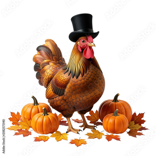Rooster in Top Hat with Pumpkins Transparent Background