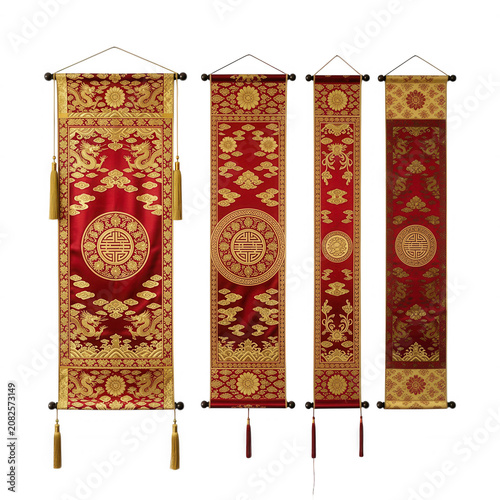 Red Silk Scroll with Gold Embroidery Transparent Background