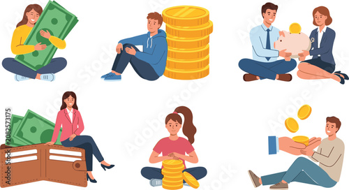 Personal Finance and Money Management Vector Character Set with People Saving Coins, Holding Cash, Depositing in Piggy Bank, and Managing Wallet for Banking Designs