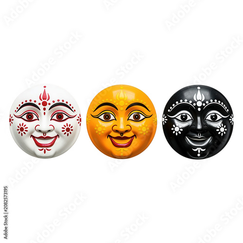 Three Traditional Indian Deity Masks Transparent Background