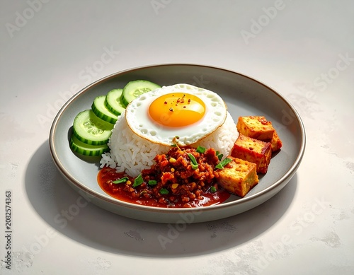 Top View of Indonesian Rice Dish with Tempeh, Egg and Fresh Vegetables