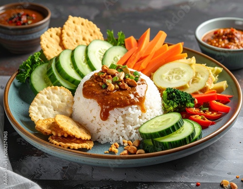 Traditional Indonesian Rice Platter with Fresh Vegetables, Sambal and Peanut Sauce