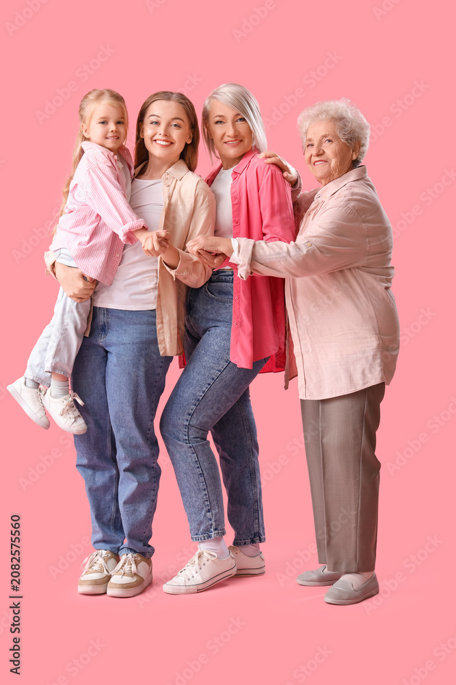 Fototapeta premium Little girl with her family on pink background