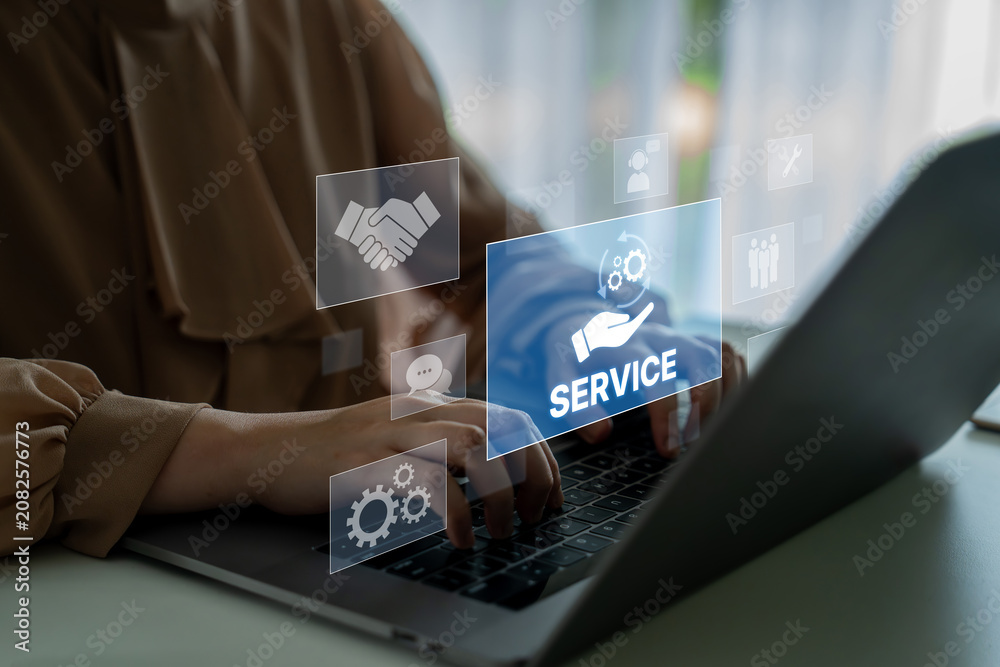 Fototapeta premium Customer service and support workflow with cooperation, communication, maintenance, and checklist icons for efficient service operation and user satisfaction Latch