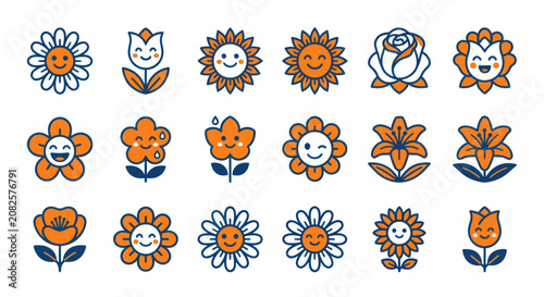 Smiling cartoon flowers and buds variety.
