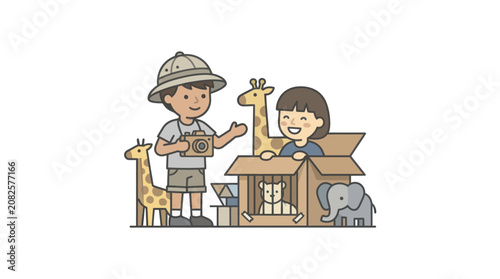 Two boys with toy giraffe elephant.