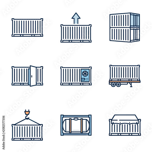 Various shipping container types shown.