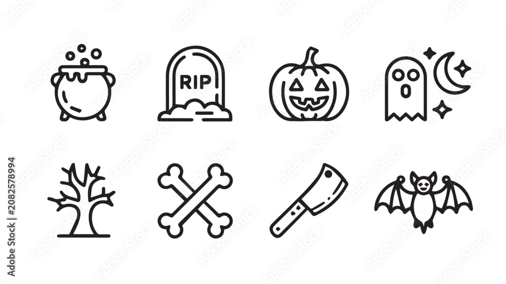 Fototapeta premium Halloween icons feature a cauldron, tombstone, pumpkin, ghost, tree, bones, butcher knife, and bat.