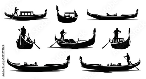 Collection of Silhouetted Gondolas with Gondoliers in Venice.