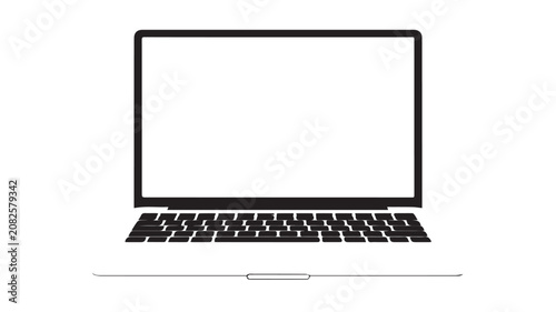 A sleek laptop computer illustration displays a blank screen on a clean background.