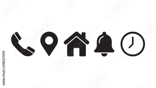 A set of icons depicting a phone, location pin, house, bell, and clock.