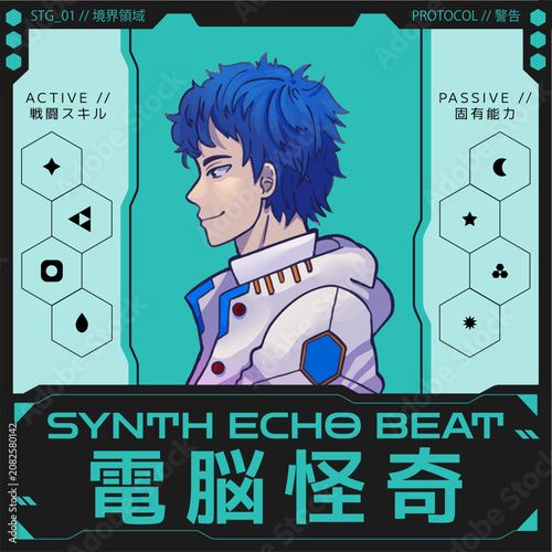 Obraz na plátne Futuristic Cyberpunk Anime Character Profile Illustration with Blue Hair and Jap