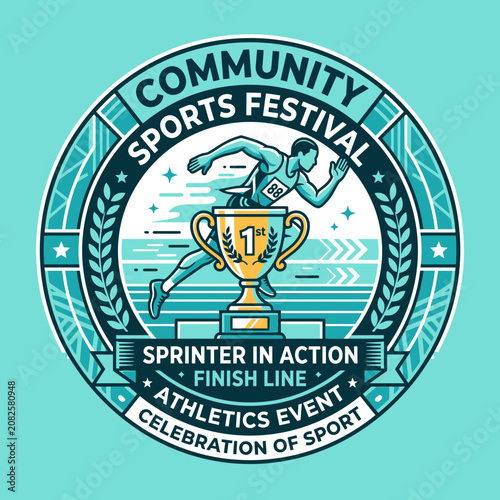 Dynamic Sprinter At Finish Line Trophy Celebration Community Sports Festival Emblem
