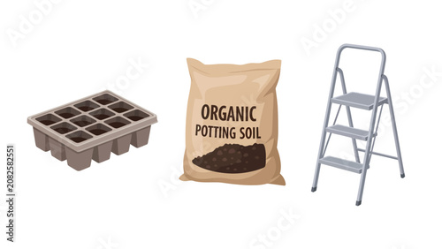 Gardening supplies including a seedling tray, bag of organic potting soil, and a stepladder.