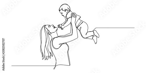 Fotografie Continuous single line drawing of a happy mother lifting her baby up in the air