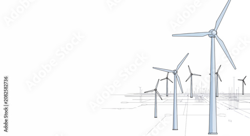 Modern wind turbines in a blueprint sketch style, representing renewable energy and sustainable technology development.