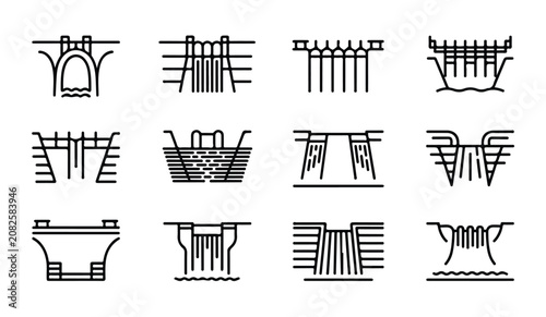Foto Collection of line art dam and bridge icons for water management and civil engineering works
