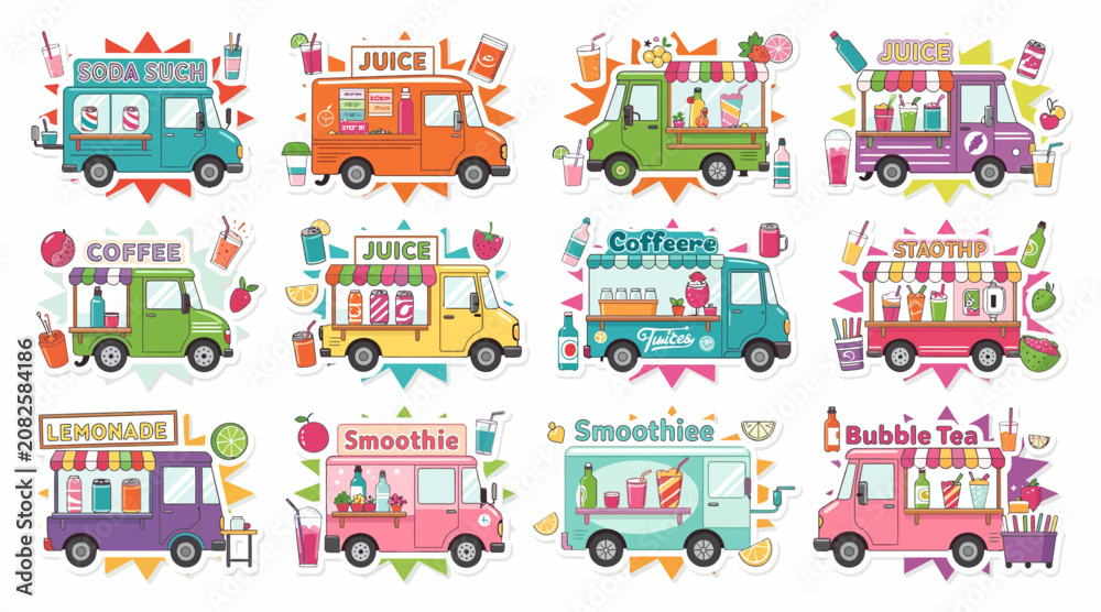 Naklejka premium Assortment of Colorful Food Trucks: Juice, Coffee, Smoothies, Bubble Tea