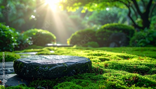 Natural Moss Covered Stepping Stone in Traditional Japanese Garden