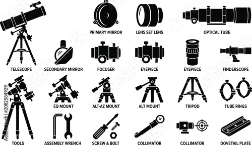 Tableau sur toile Telescope parts and astronomy equipment icon set with tripod lens mirror optical