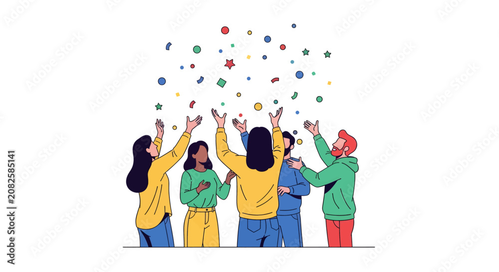 Fototapeta premium A diverse group of people celebrating a success or achievement with colorful confetti falling around them, expressing joy and happiness.