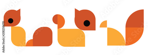 Creative minimalist vector illustration featuring three geometric squirrel icons designed with simple abstract shapes and warm earthy colors. The clean flat style makes this artwork ideal for logo des