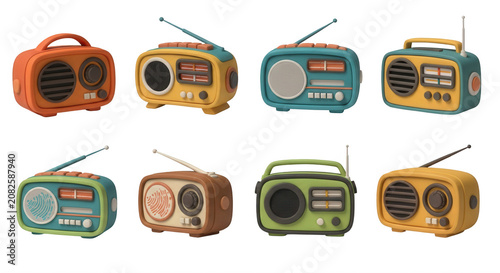 collection of colorful stylized retro radios on a white background suggesting concepts like communication music and nostalgia digital art