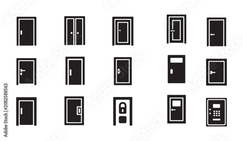 Photos Door icons set different types designs and functions on black background