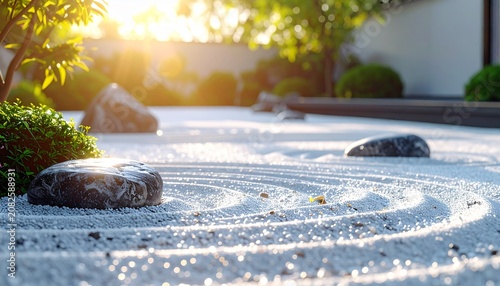 Minimal Japanese Zen Garden with White Gravel and Natural Stone
