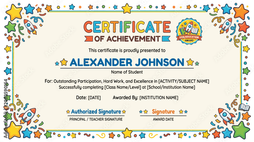 Naklejka premium Certificate of Achievement for Student, Fun Rocket and Star Border, Award School Recognition