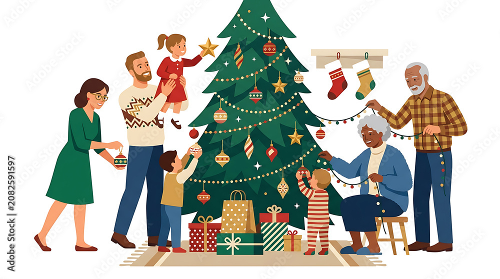 Fototapeta premium Family members gather around a decorated Christmas tree to place ornaments and presents during the festive holiday season.
