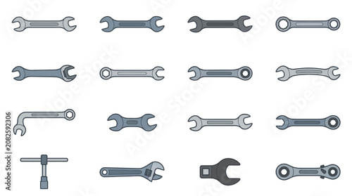 Valokuva Collection of various metal wrenches tools.