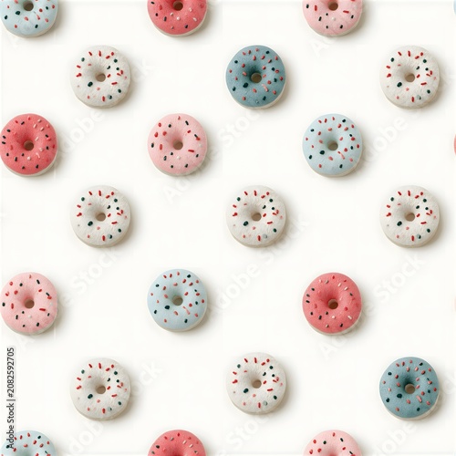 Seamless repeating pattern of colorful glazed donuts with various sprinkles on white background sugar coated sweet tooth doughnut sprinkles seamless background colorful breakfast delicious