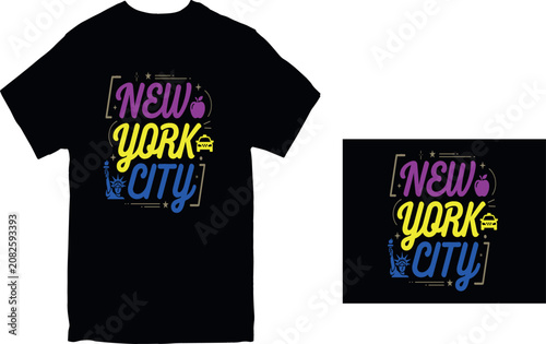 New York City Colorful Typography T-Shirt Design with Statue of Liberty, Taxi, and Apple Icons for Travel and Urban Apparel