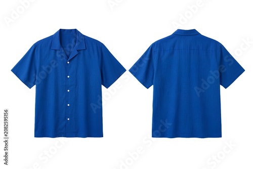 Short-sleeve blue button-up shirt displayed from front and back