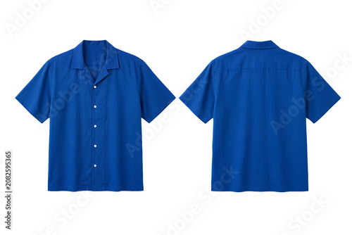 Short-sleeve blue button-up shirt displayed from front and back