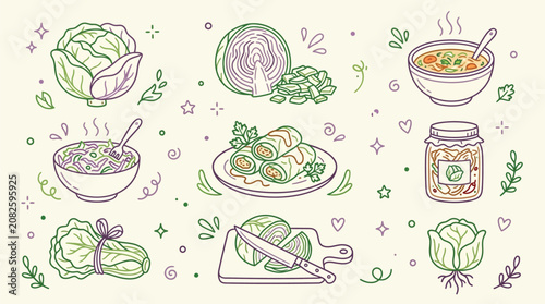 A charming collection of hand-drawn illustrations showcasing various preparations and forms of cabbage, from whole heads to cooked dishes and fermented products.