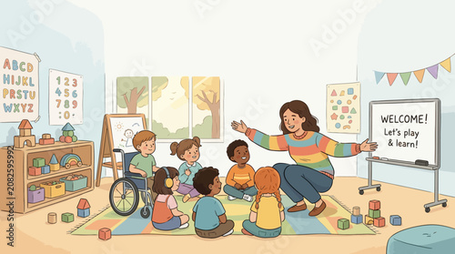Teacher with children in classroom.