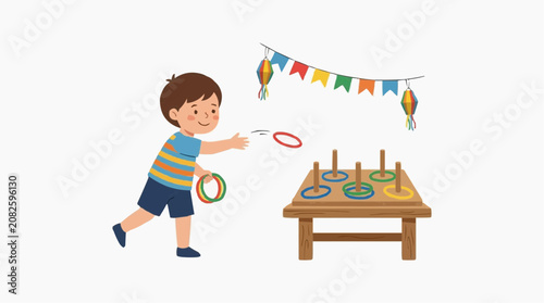 Young boy playing ring toss game at a festive outdoor event with colorful decorations