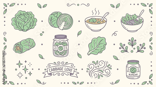 A charming collection of hand-drawn illustrations featuring various cabbage-based foods and ingredients, presented in a whimsical, vintage style.