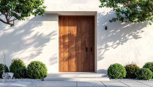 Minimal Contemporary Home Entrance with Stone Wall and Wooden Front Door