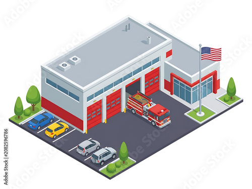 Isometric Fire Station Exterior – Modern Emergency Services Building Vector Illustration

