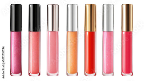 Colorful luxury lip gloss collection featuring glossy cosmetic tubes premium makeup beauty essentials display isolated on white background
