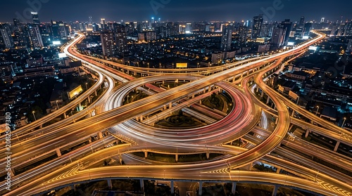 Aerial view of a complex highway interchange at night in a city